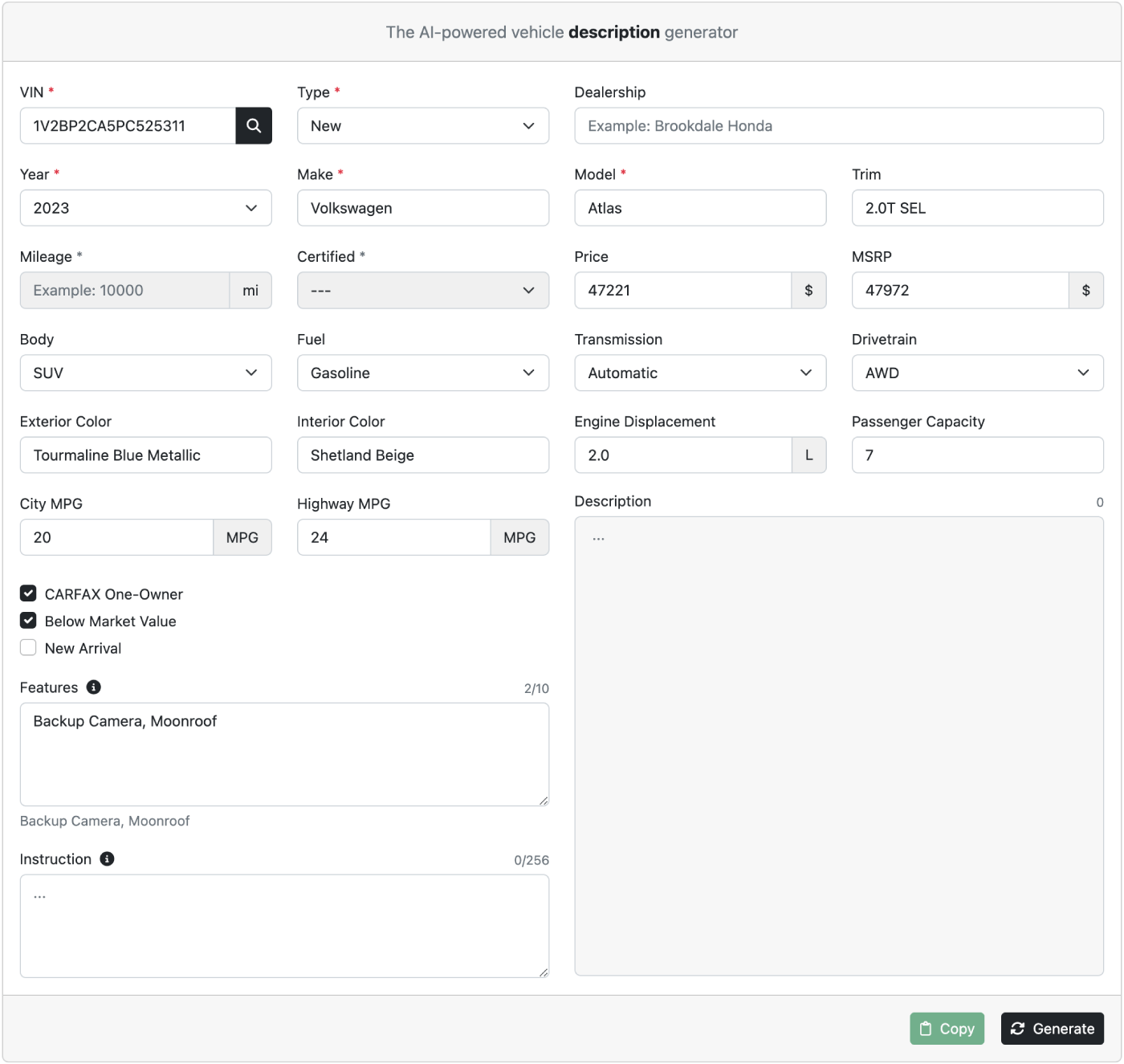 The Vehicle Description AI Generator